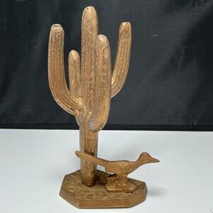 Vintage Solid Brass Saguaro Cactus & Roadrunner Bird Statue
